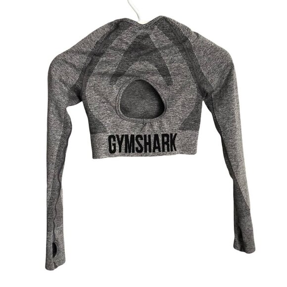 GYMSHARK Heathered Gray Cropped Compression Long Sleeve Top Cut Out Back Size S - Picture 2 of 14
